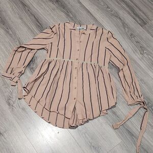 She + Sky Boho Taupe Navy Striped Tie Top